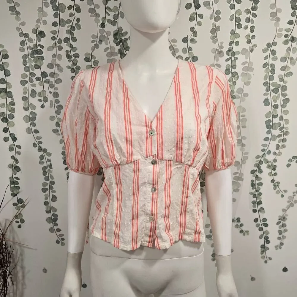 The Good Jane Striped Button Front Peplum Top Puff Sleeve NWOT Size Small (Measu
